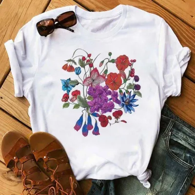 Women's Floral Print Modal T-Shirt - Loose Fit Round Neck Short Sleeve