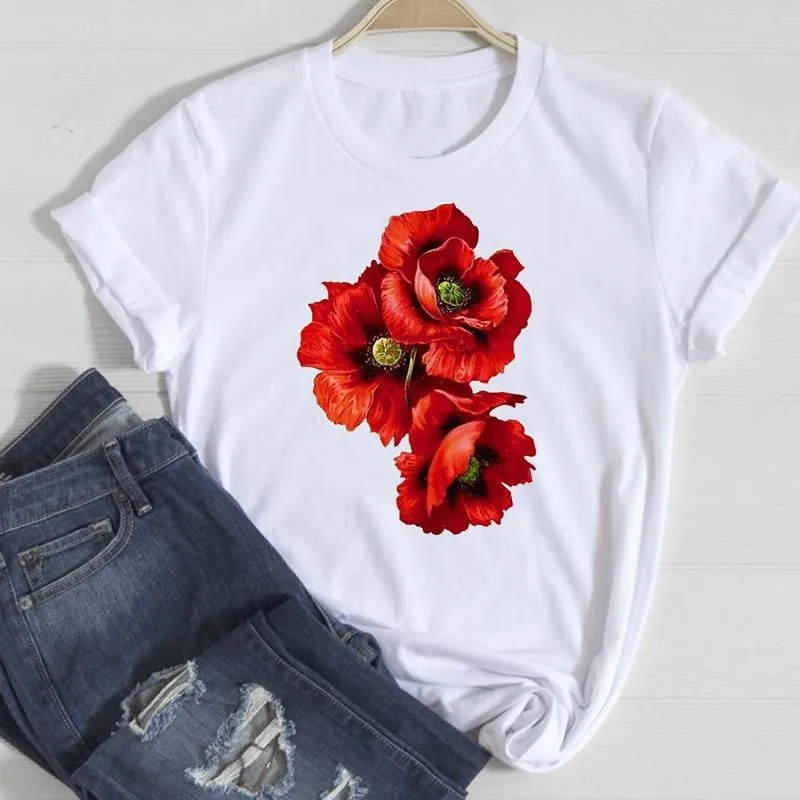 Women's Floral Print Modal T-Shirt - Loose Fit Round Neck Short Sleeve