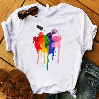 Women Fashion Creative Nail Polish Print Round Neck Short Sleeve T-Shirt