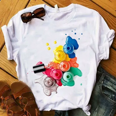 Women Fashion Creative Nail Polish Print Round Neck Short Sleeve T-Shirt