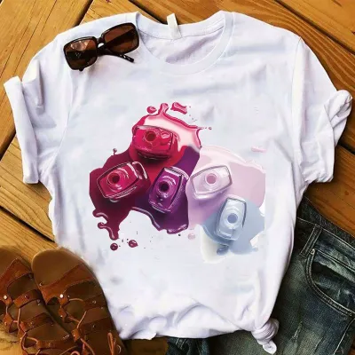 Women Fashion Creative Nail Polish Print Round Neck Short Sleeve T-Shirt