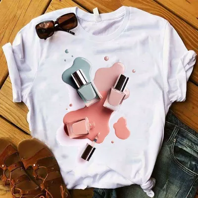 Women Fashion Creative Nail Polish Print Round Neck Short Sleeve T-Shirt