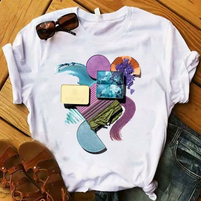 Women Fashion Creative Nail Polish Print Round Neck Short Sleeve T-Shirt