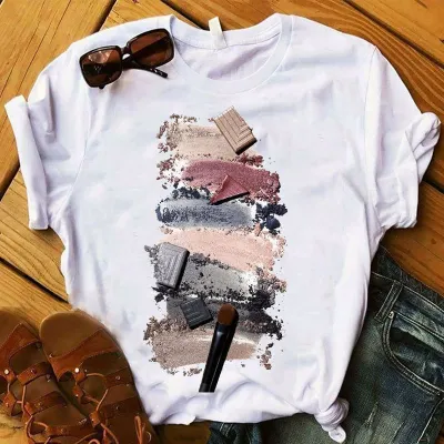 Women Fashion Creative Nail Polish Print Round Neck Short Sleeve T-Shirt