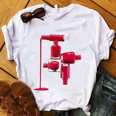 Women Fashion Creative Nail Polish Print Round Neck Short Sleeve T-Shirt