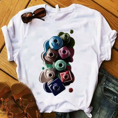 Women Fashion Creative Nail Polish Print Round Neck Short Sleeve T-Shirt