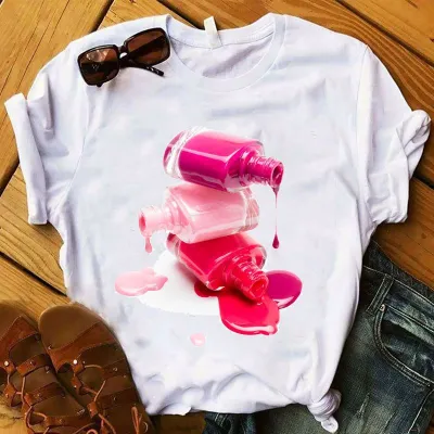 Women Fashion Creative Nail Polish Print Round Neck Short Sleeve T-Shirt