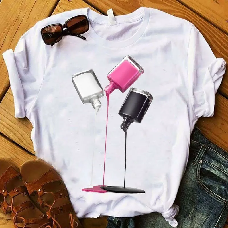 Women Fashion Creative Nail Polish Print Round Neck Short Sleeve T-Shirt