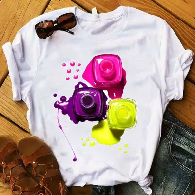 Women's Nail Polish Bottle Print Round Neck Short Sleeve T-Shirt