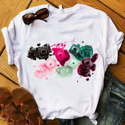 Women's Nail Polish Bottle Print Round Neck Short Sleeve T-Shirt