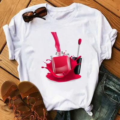 Women's Nail Polish Bottle Print Round Neck Short Sleeve T-Shirt