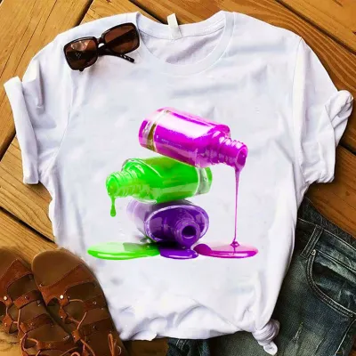 Women's Nail Polish Bottle Print Round Neck Short Sleeve T-Shirt