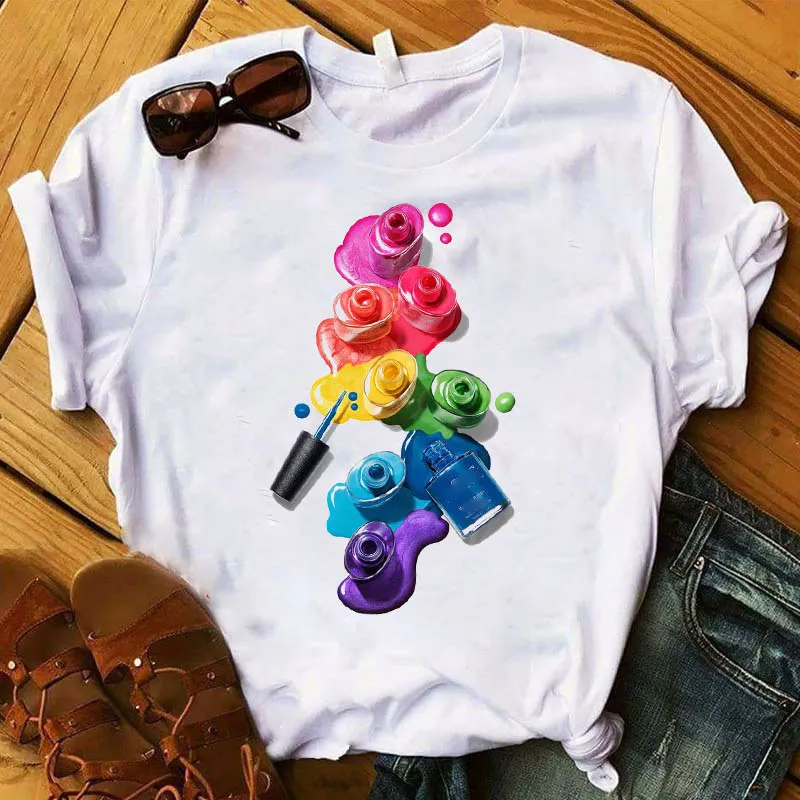 Women's Nail Polish Bottle Print Round Neck Short Sleeve T-Shirt
