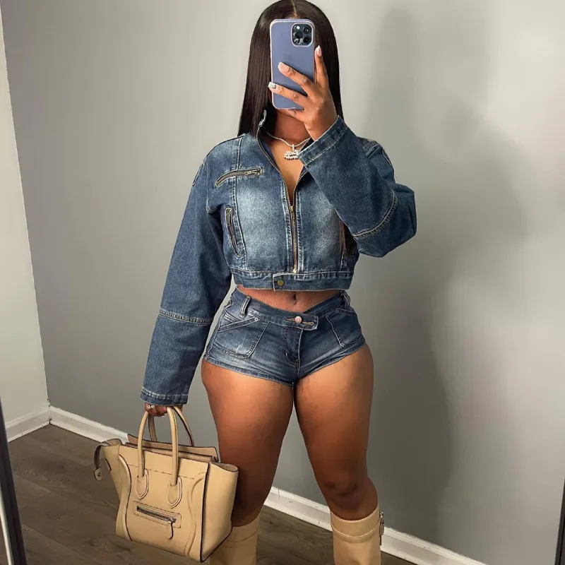 Women's Casual Denim Zipper Top Shorts Two-Piece Set with Polka Dot Pattern