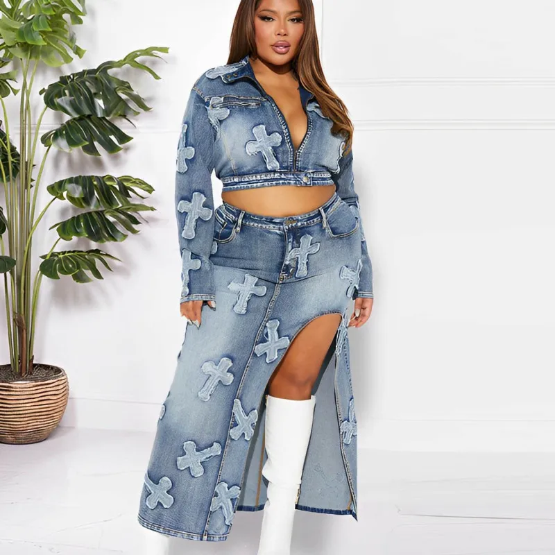 Women's Denim Embroidered Long Sleeve Top and Split Skirt Two-Piece Set