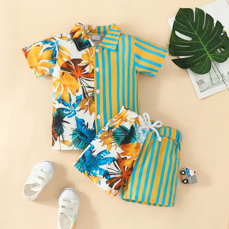 Kids Toddler Boys Casual Cute Vacation Stripe Print Short Sleeve Lapel Shirt Shorts Set
