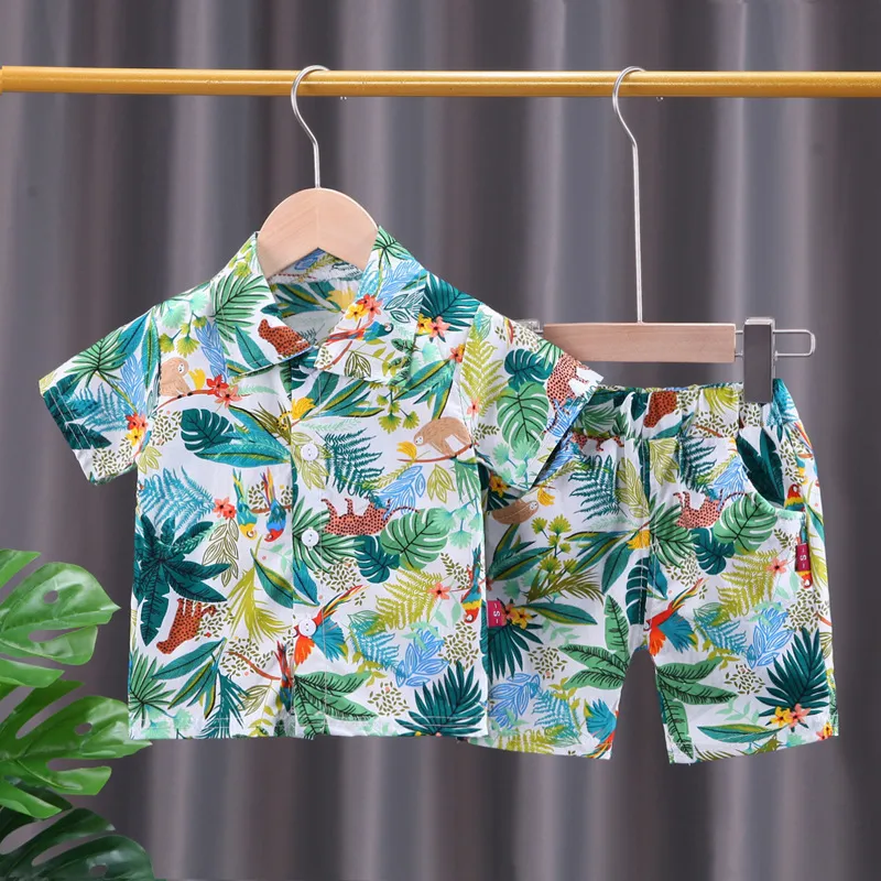 Toddler Boys Casual Floral Print Short Sleeve Lapel Shirt and Shorts Set for Vacation