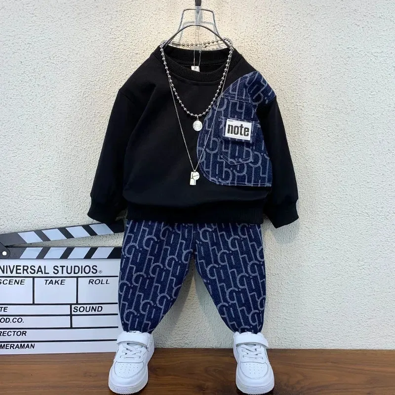 Kids Toddler Boys Spring Autumn Fashion Casual Letters Print Long Sleeve Round Neck Sweatshirts Trousers Set Pullover Polyester