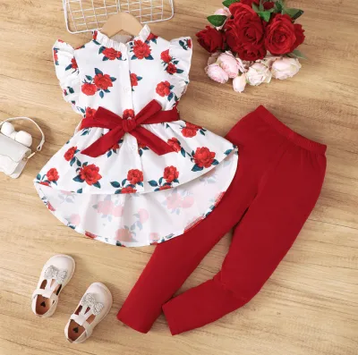Kids Toddler Girls Summer Casual Polka Dot Print Fluttering Sleeve Stand Collar Dress and Trousers Set
