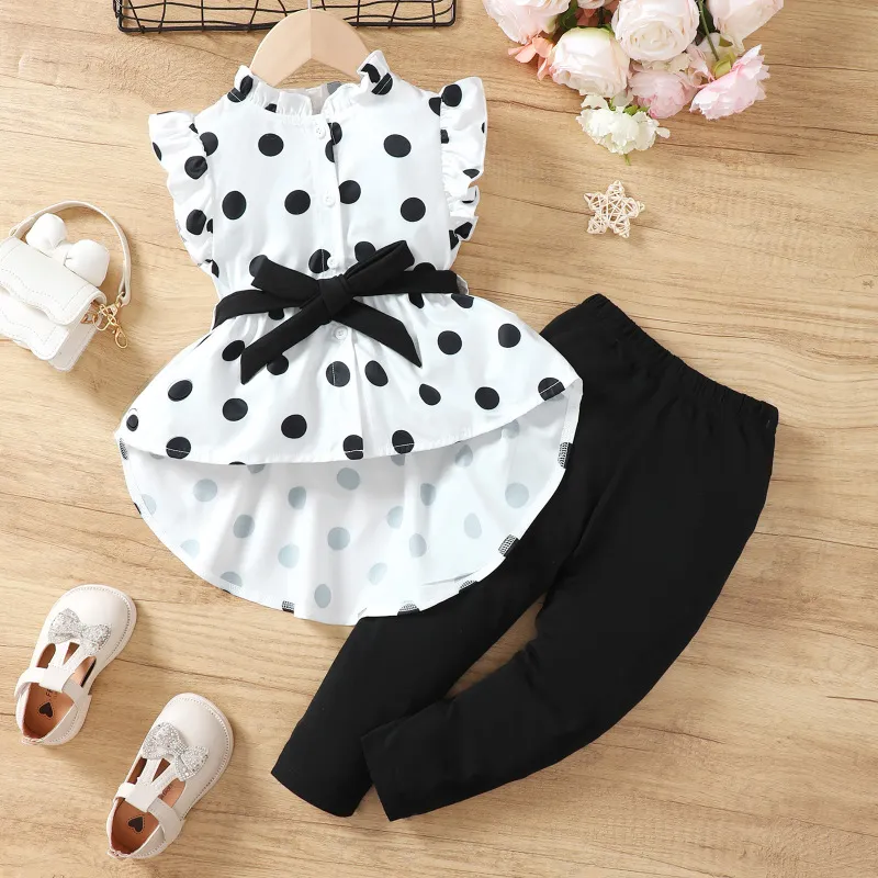 Kids Toddler Girls Summer Casual Polka Dot Print Fluttering Sleeve Stand Collar Dress and Trousers Set