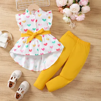 Kids Toddler Girls Summer Casual Polka Dot Print Fluttering Sleeve Stand Collar Dress and Trousers Set