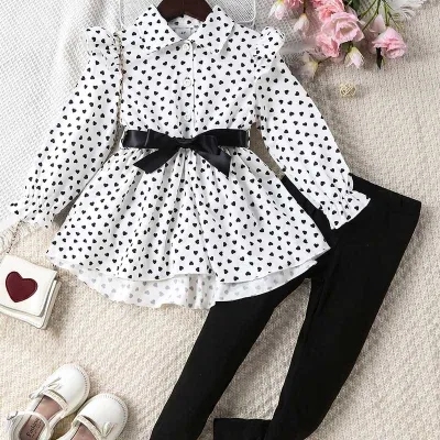 Kids Toddler Girls Spring Autumn Casual Cute Heart Print Long Sleeve Lapel Dress Trousers Set