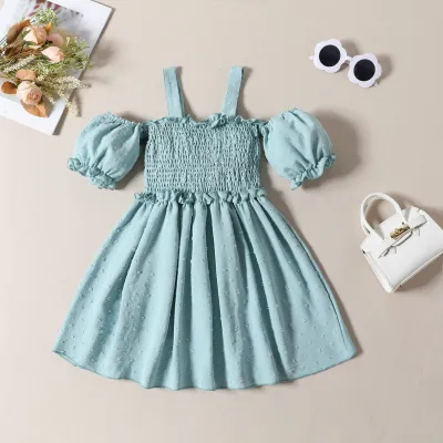 Kids Toddler Big Girls Summer Casual Cute Solid Color Puff Sleeve Boat Neck Princess Dress