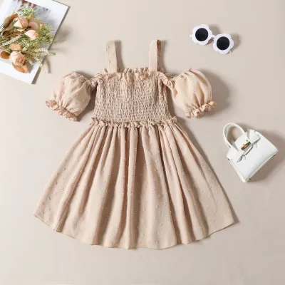 Kids Toddler Big Girls Summer Casual Cute Solid Color Puff Sleeve Boat Neck Princess Dress