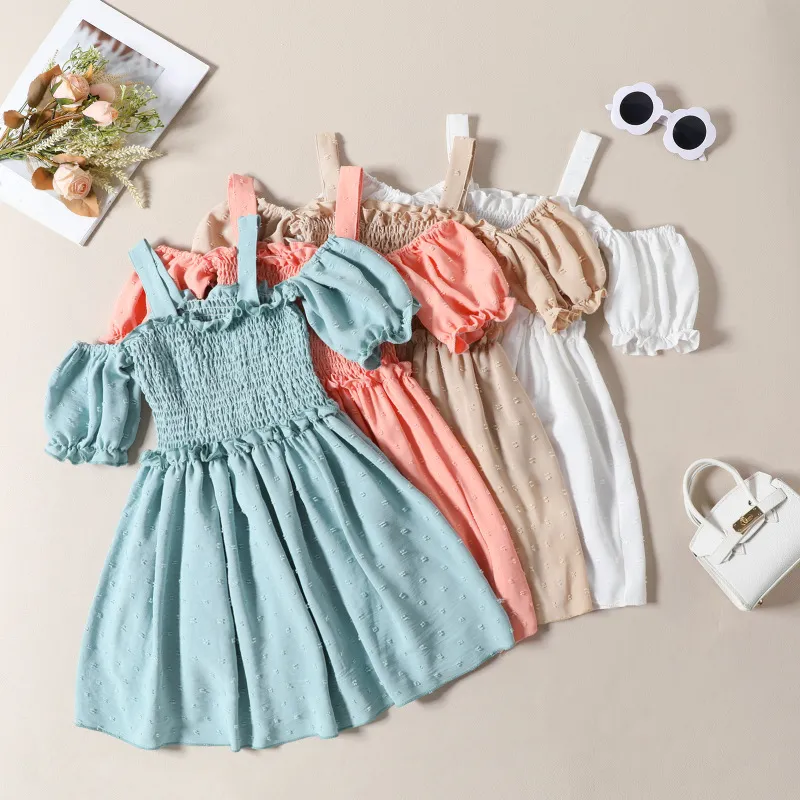 Kids Toddler Big Girls Summer Casual Cute Solid Color Puff Sleeve Boat Neck Princess Dress