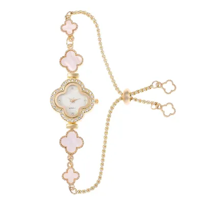 Women's Fashion Four-Leaf Clover Rhinestone Drawstring Adjustable Bracelet Watch