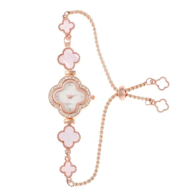 Women's Fashion Four-Leaf Clover Rhinestone Drawstring Adjustable Bracelet Watch