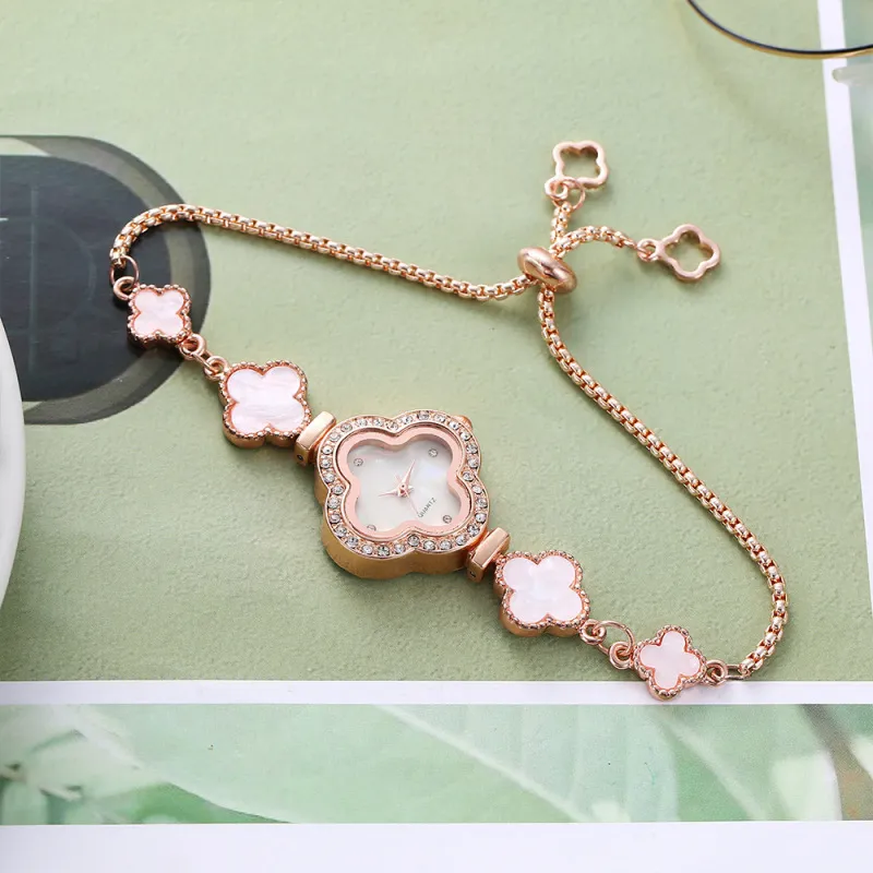 Women's Fashion Four-Leaf Clover Rhinestone Drawstring Adjustable Bracelet Watch