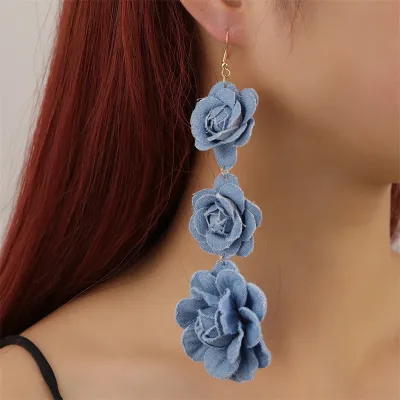 Women Fashion Denim Long Camellia Earrings