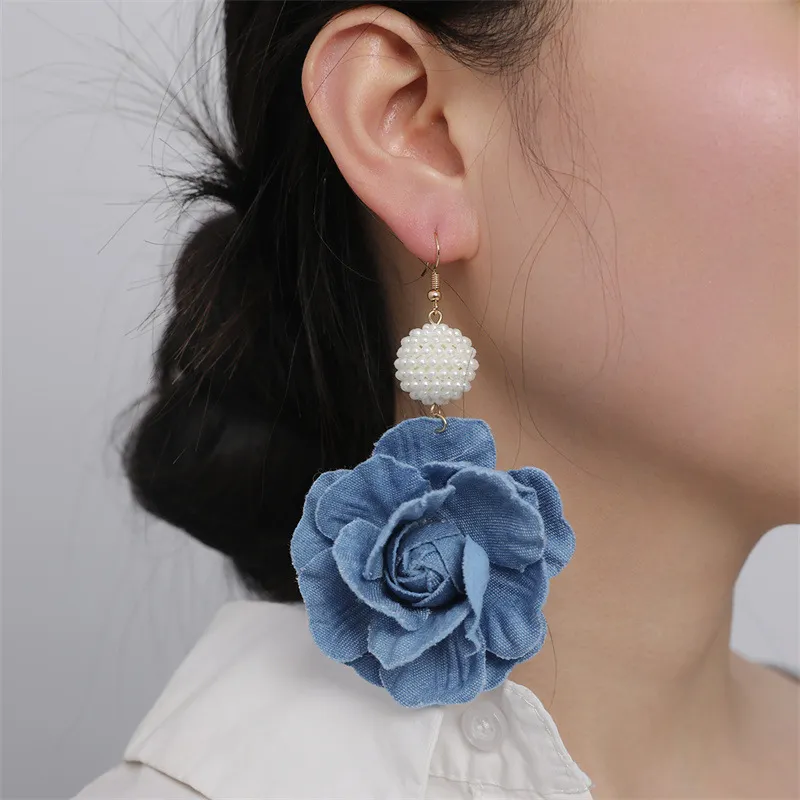 Women Fashion Simple Denim Camellia Stud Earrings