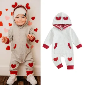 Kids Baby Boys Girls Valentine Heart Print Long Sleeve Hooded Bodysuit Casual Cute