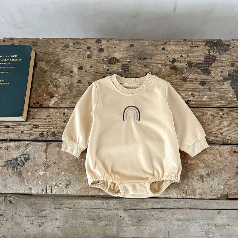 Kids Baby Boys Girls Casual Embroidery Rainbow Stripe Long Sleeve Round Neck Cotton Romper Pullover