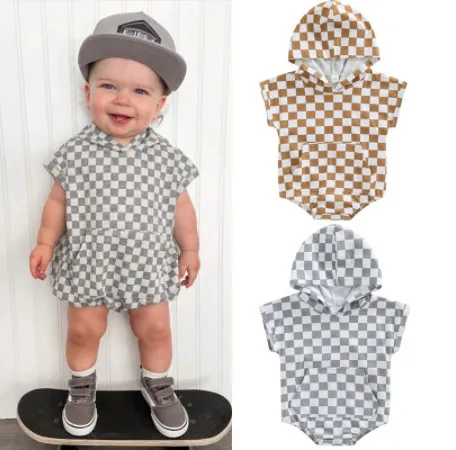 Baby Boys Girls Casual Cute Plaid Print Short Sleeve Hooded Romper Neutral Hidden Button
