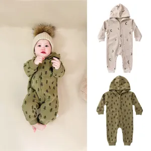 Kids Baby Boys Girls Casual Cute Moon Pattern Long Sleeve Round Neck Hooded Bodysuit 0-3T