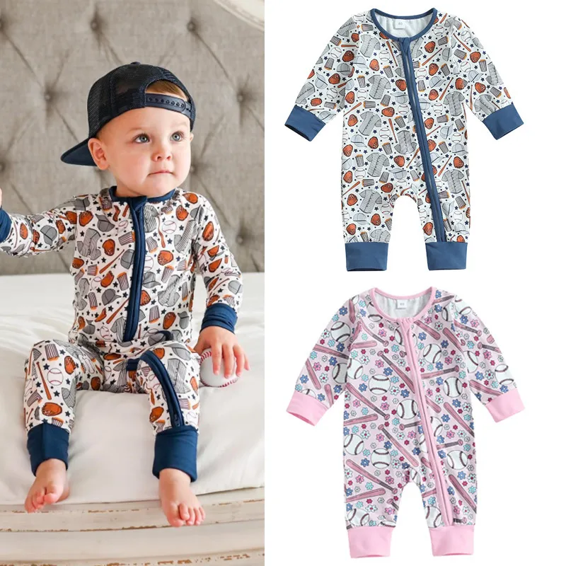 Kids Baby Boys Girls Casual Baseball Print Zipper Long Sleeve Round Neck Bodysuit