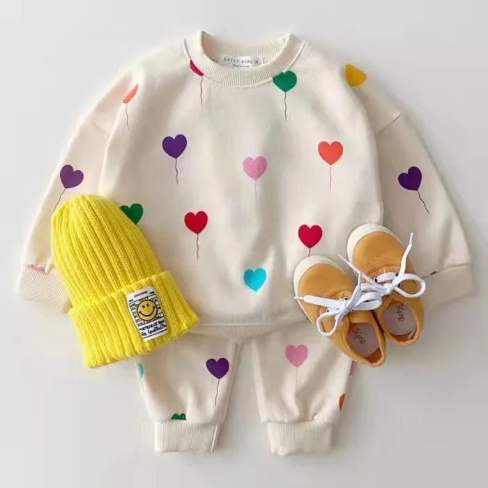 Kids Baby Boys Girls Casual Love Balloon Print Long Sleeve Round Neck Sweatshirt Trousers Set