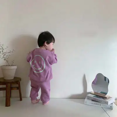 Kids Baby Boys Girls Neutral Spring Autumn Casual Smiley Print Long Sleeve Round Neck Sweatshirts Trousers Set