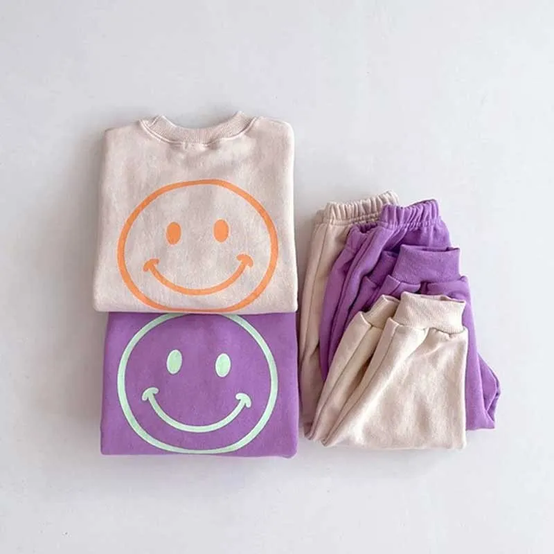 Kids Baby Boys Girls Neutral Spring Autumn Casual Smiley Print Long Sleeve Round Neck Sweatshirts Trousers Set