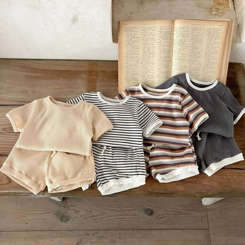 Kids Baby Boys Girls Cute Stripe Short Sleeve Round Neck Top and Shorts Set Cotton Pullover