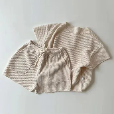 Kids Baby Boys Girls Casual Solid Color Knitwear Short Sleeve Round Neck Top Shorts Set