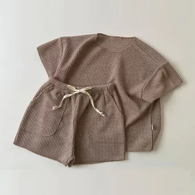 Kids Baby Boys Girls Casual Solid Color Knitwear Short Sleeve Round Neck Top Shorts Set