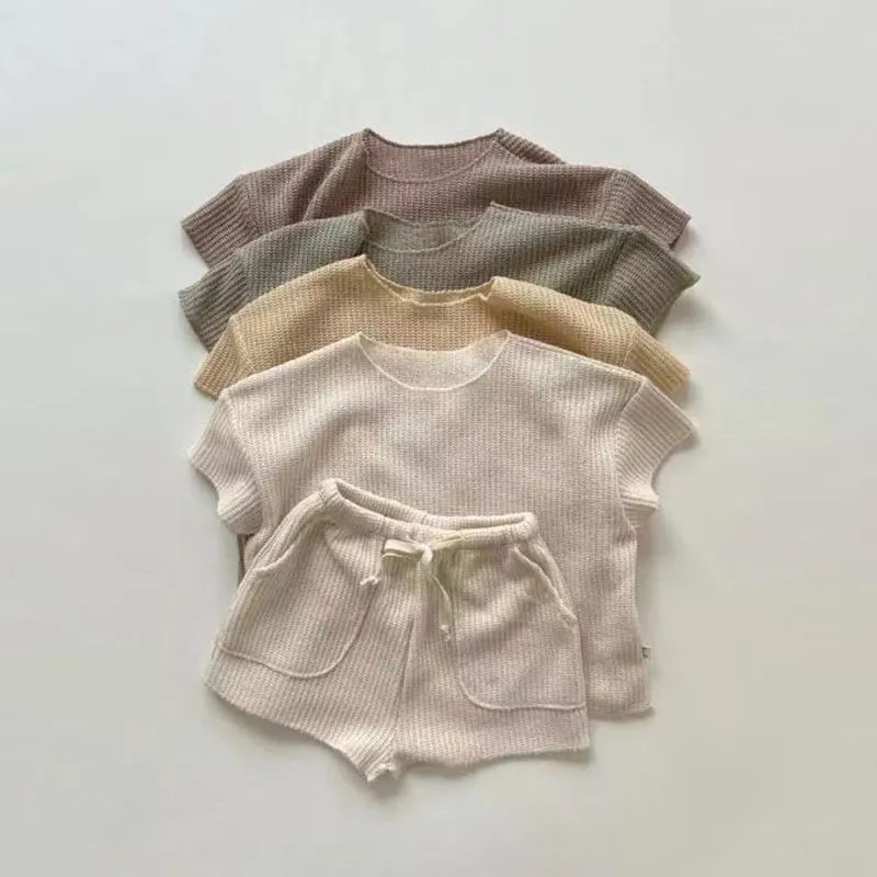 Kids Baby Boys Girls Casual Solid Color Knitwear Short Sleeve Round Neck Top Shorts Set
