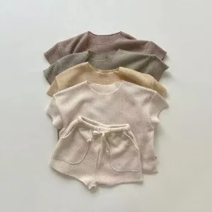 Kids Baby Boys Girls Casual Solid Color Knitwear Short Sleeve Round Neck Top Shorts Set
