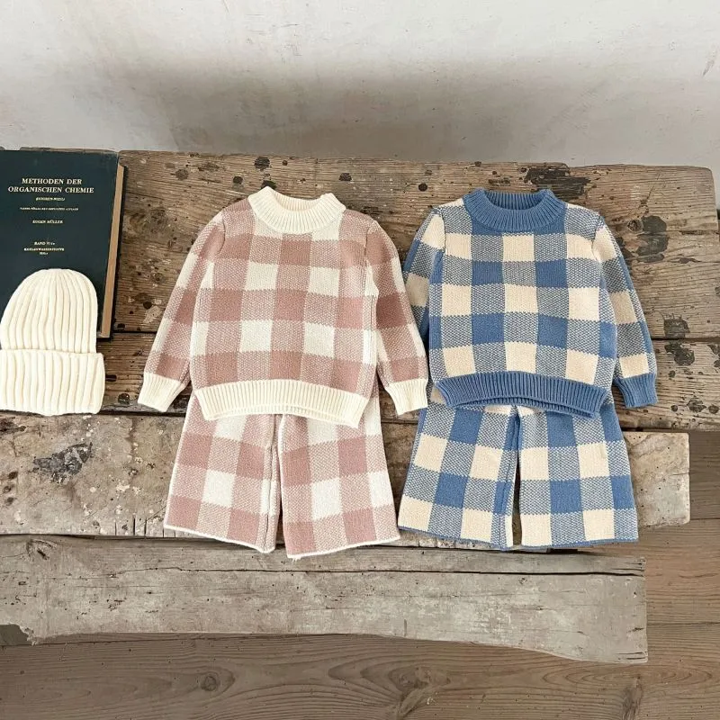 Kids Baby Boys Girls Spring Autumn Casual Cute Plaid Print Long Sleeve Round Neck Knitwear Sweater Trousers Set