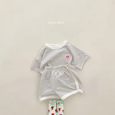 Kids Baby Boys Girls Casual Cute Smiley Stripe Print Cotton Short Sleeve Pullover Top and Shorts Set