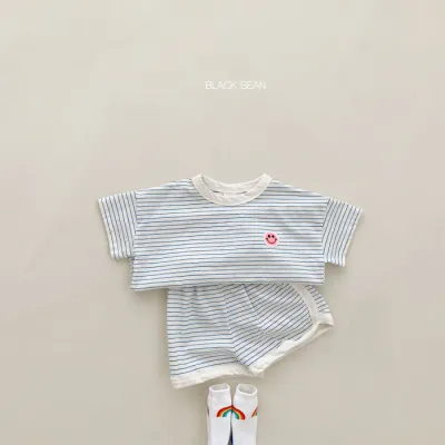 Kids Baby Boys Girls Casual Cute Smiley Stripe Print Cotton Short Sleeve Pullover Top and Shorts Set
